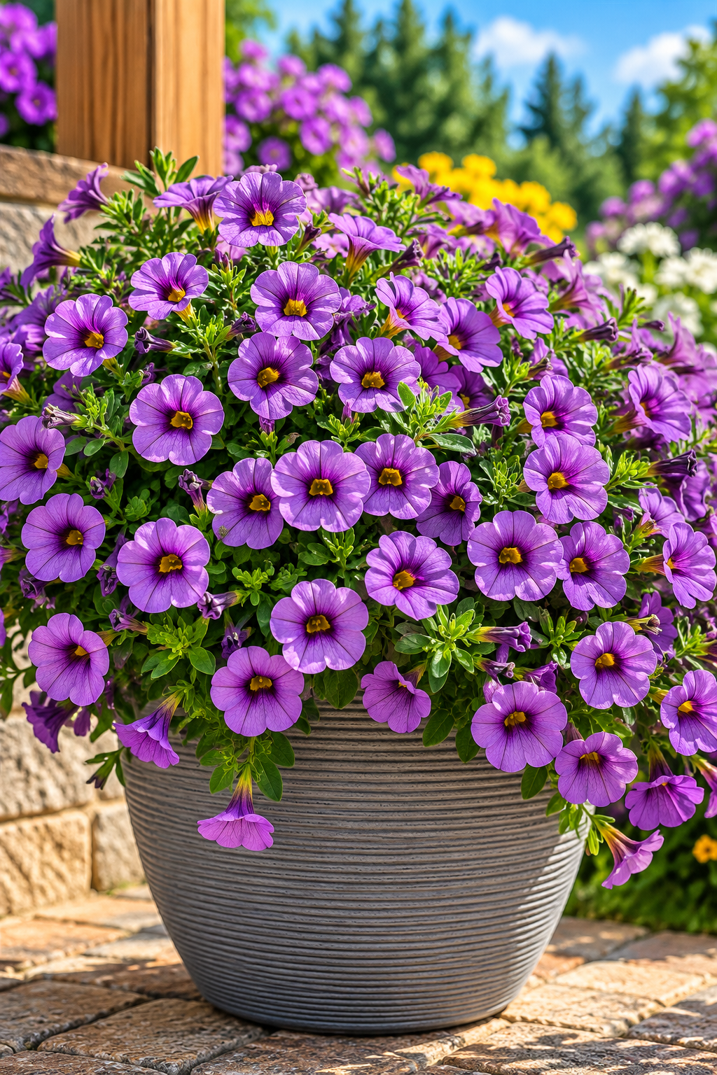 A large gray ribbed planter overflowing with blooming purple petunias with yellow centers, set on a stone patio with a garden background.