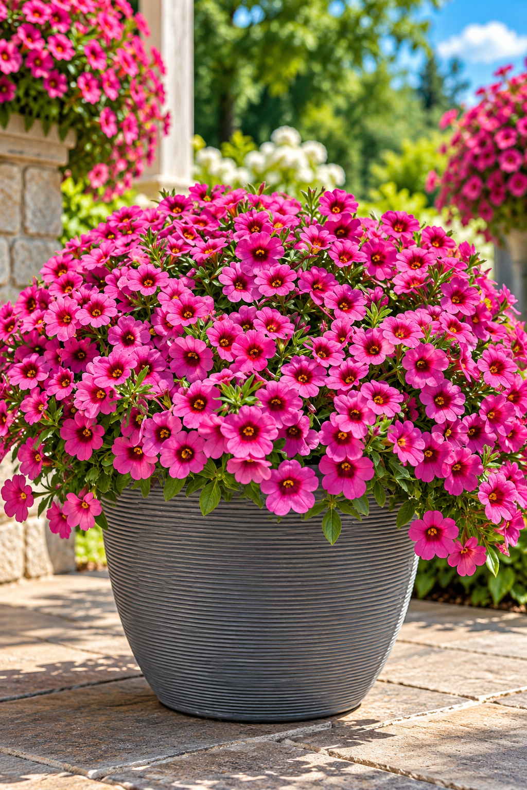 A large gray ribbed planter filled with dense clusters of bright pink petunia flowers with dark centers and green foliage, placed on a stone patio in a sunny garden setting.