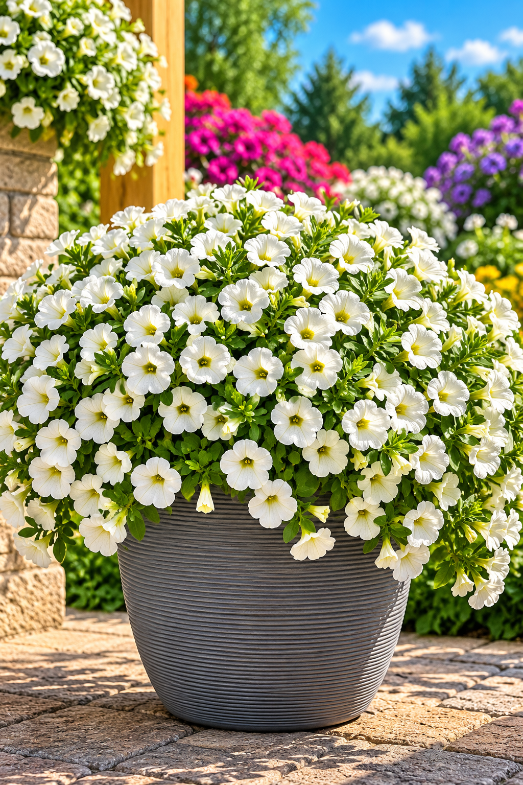 A large gray ribbed planter filled with dense white petunia flowers with green foliage, set on a stone patio in a sunny garden with colorful flowers and trees in the background.