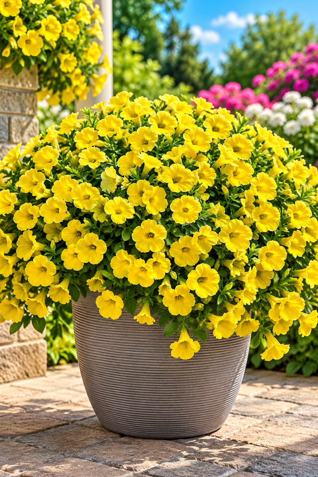 A large gray ribbed planter overflowing with bright yellow petunia flowers, set on a stone patio with a garden background.