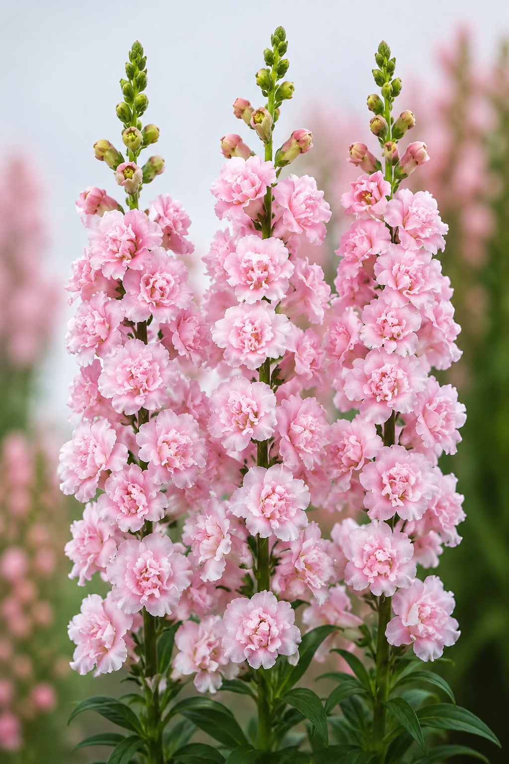 Pink snapdragons with tall flower spikes and green foliage, photographed in a soft garden setting with blurred pink flowers in the background.