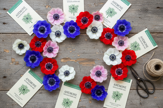 Colorful bulk anemone windflower seeds and blooms in blue, pink, white, and scarlet flat lay