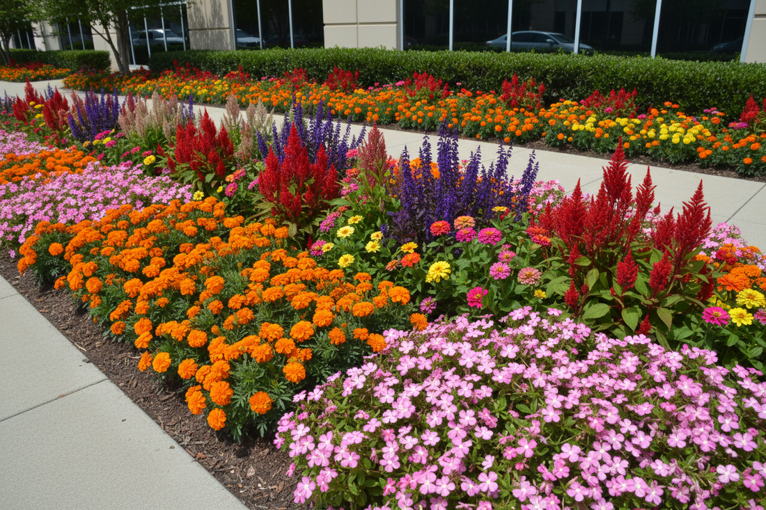 Commercial landscape bed with marigolds celosia salvia vinca and zinnias in full bloom along a sunny walkway