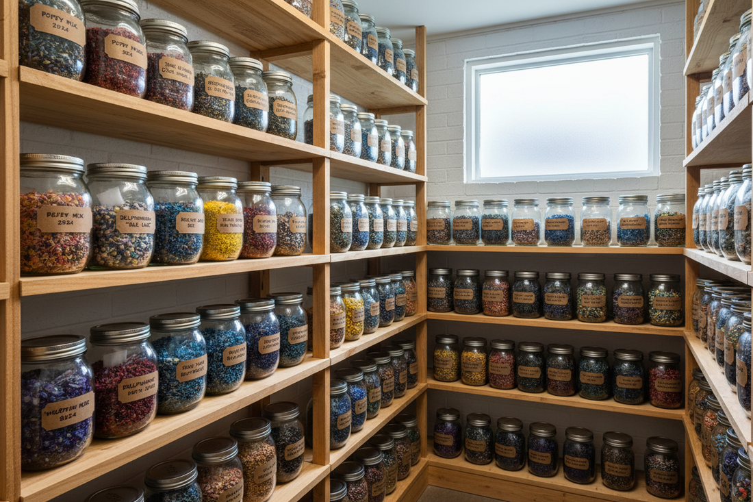 Labeled glass mason jars of bulk flower seeds organized on wooden shelves with silica gel packets