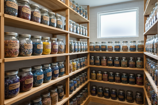 Labeled glass mason jars of bulk flower seeds organized on wooden shelves with silica gel packets