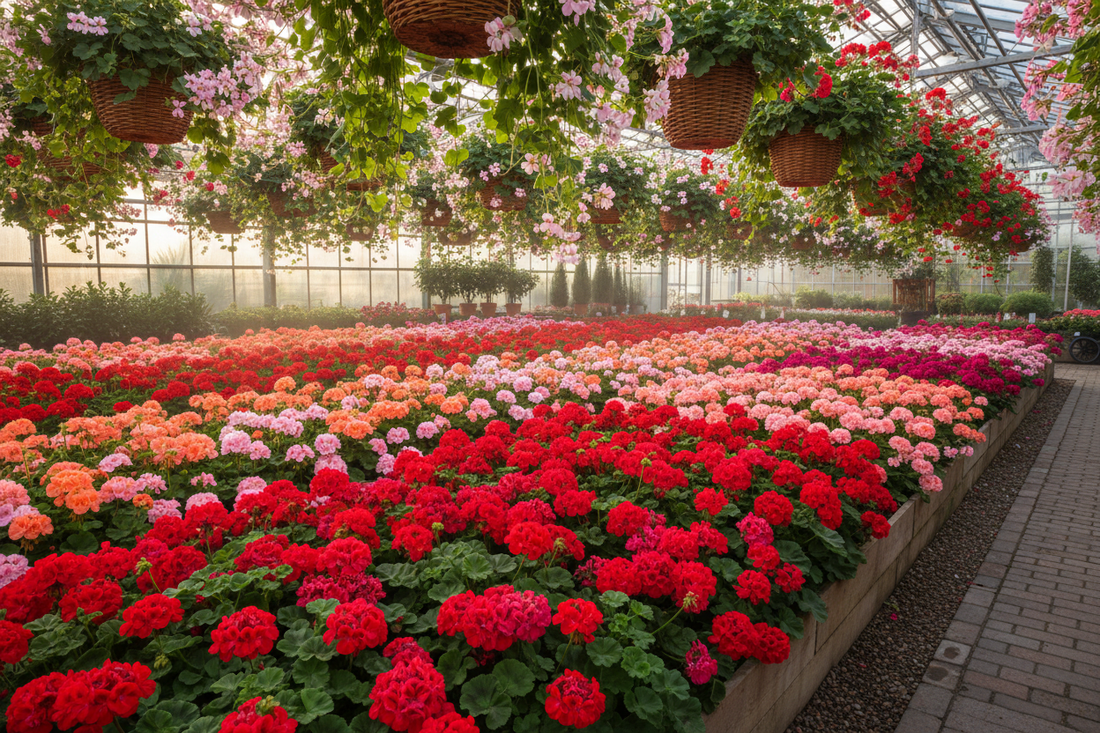 Red pink salmon and rose zonal geraniums in landscape beds with trailing ivy geraniums in hanging baskets in a sunny greenhouse
