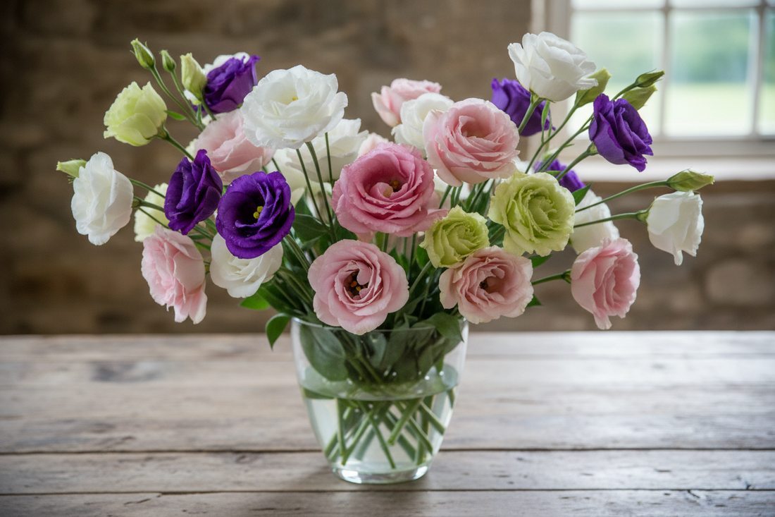 Fresh cut lisianthus flowers in white purple pink champagne and green varieties with long stems in a glass vase