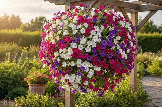 Bulk wave petunias in pink red white and purple cascading from hanging baskets in full summer bloom