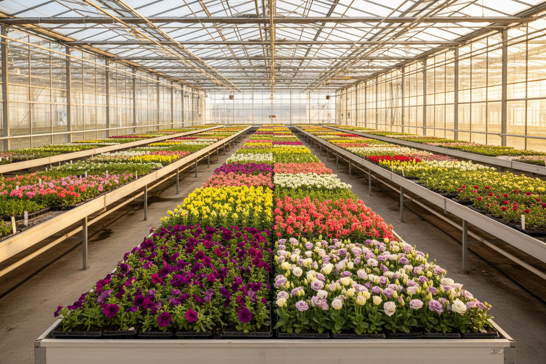 Professional greenhouse with rows of flower seedling trays including petunias snapdragons and lisianthus plugs growing under natural light