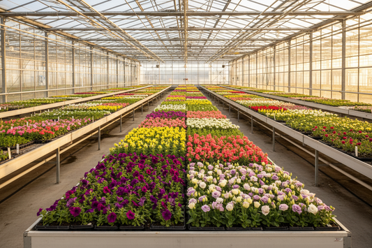 Professional greenhouse with rows of flower seedling trays including petunias snapdragons and lisianthus plugs growing under natural light