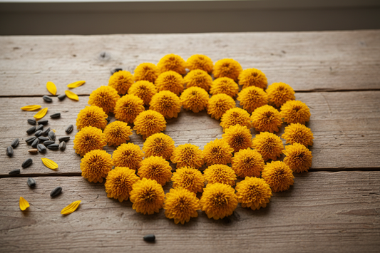 Dwarf sunflower seeds for cut flower production arranged on rustic wood surface
