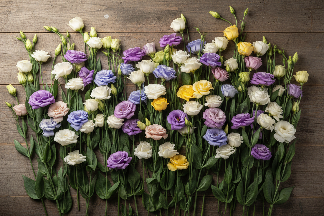 Bulk lisianthus flowers in white purple blue champagne yellow and green varieties arranged on a rustic wooden surface