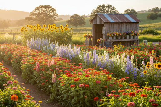 "Small cut flower farm with rows of zinnias sunflowers snapdragons and delphiniums growing in summer"