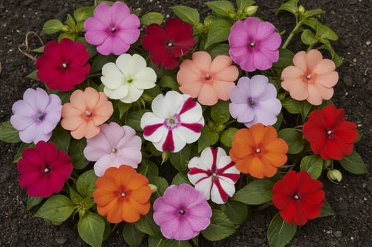 Impatiens Accent series bulk flower seeds in multiple colors blooming in a shade garden