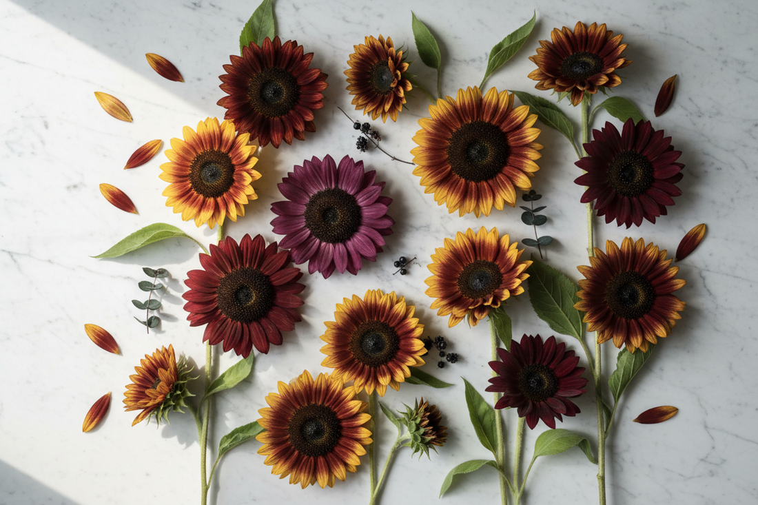 Pollenless and bicolor sunflowers in burgundy purple and golden yellow tones on white marble