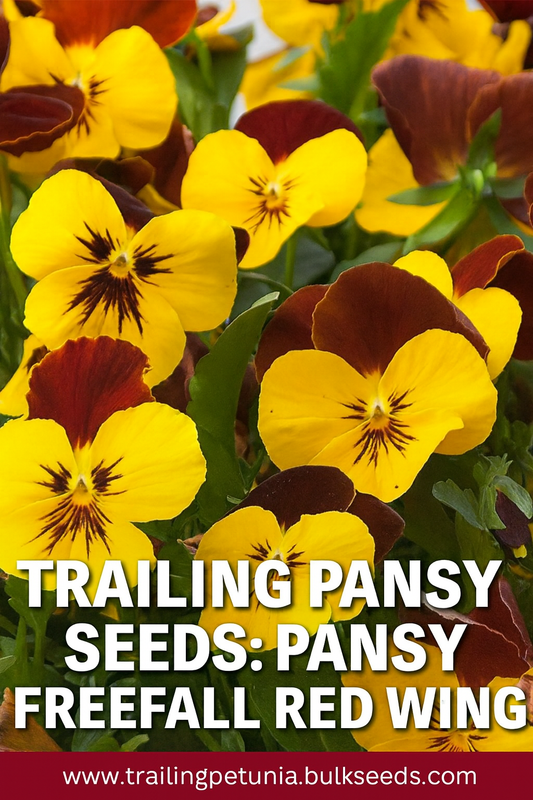 “Trailing Pansy Freefall Red Wing in a hanging basket, showing cascading red and yellow blooms grown from seed.”