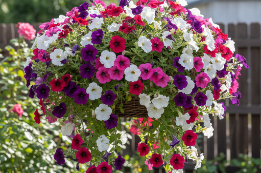 Trailing petunias cascading from a hanging basket in full bloom