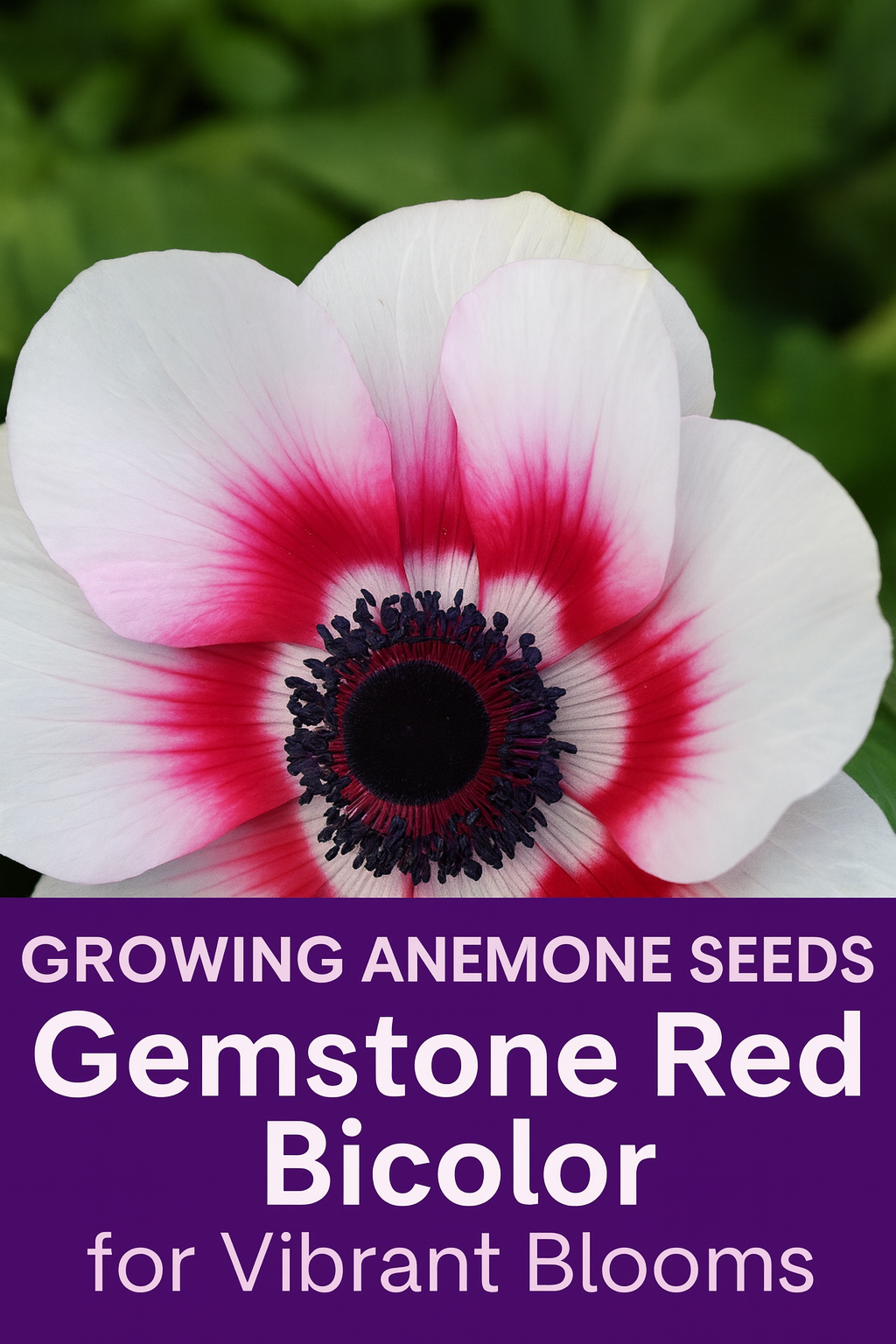 Close-up of Anemone Gemstone Red Bicolor flower with bright white petals edged in deep red and a dark contrasting center, ideal for gardens and cut flower arrangements