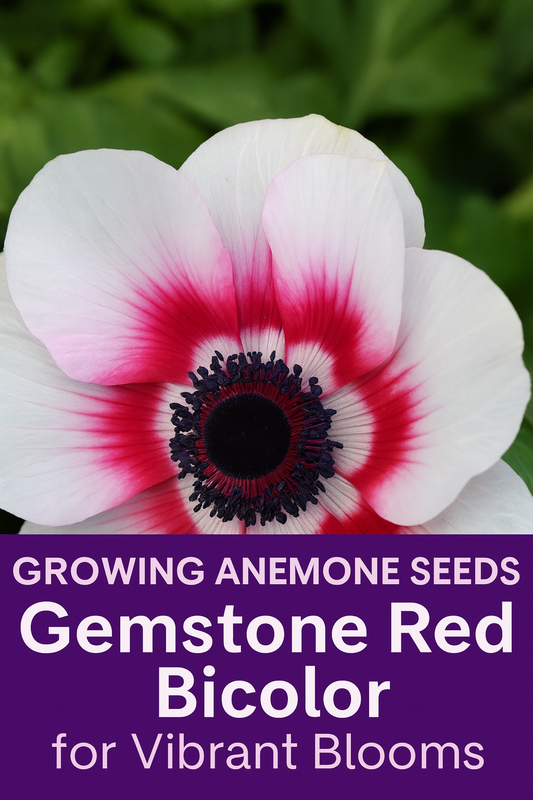 Close-up of Anemone Gemstone Red Bicolor flower with bright white petals edged in deep red and a dark contrasting center, ideal for gardens and cut flower arrangements