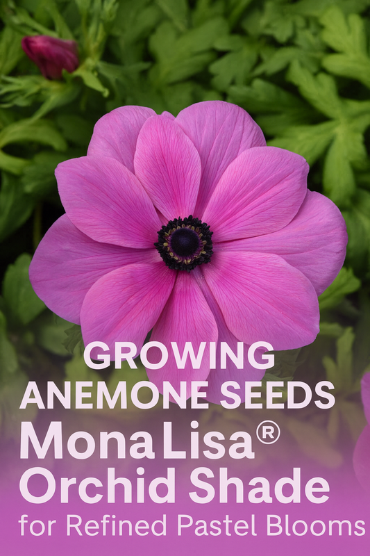 Close-up of Anemone Mona Lisa® Orchid Shade with orchid-pink petals and a dark center, surrounded by green foliage, ideal for gardens and cut flower arrangements