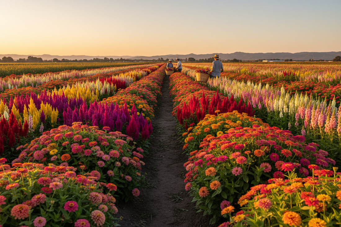 Rows of colorful annual cut flowers including zinnias, celosia, and snapdragons growing in a flower farm field at golden hour