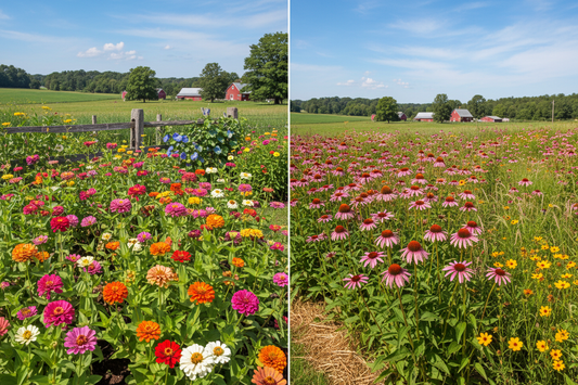Annual zinnia flower garden and perennial echinacea meadow side by side showing the difference between annual and perennial flower seeds