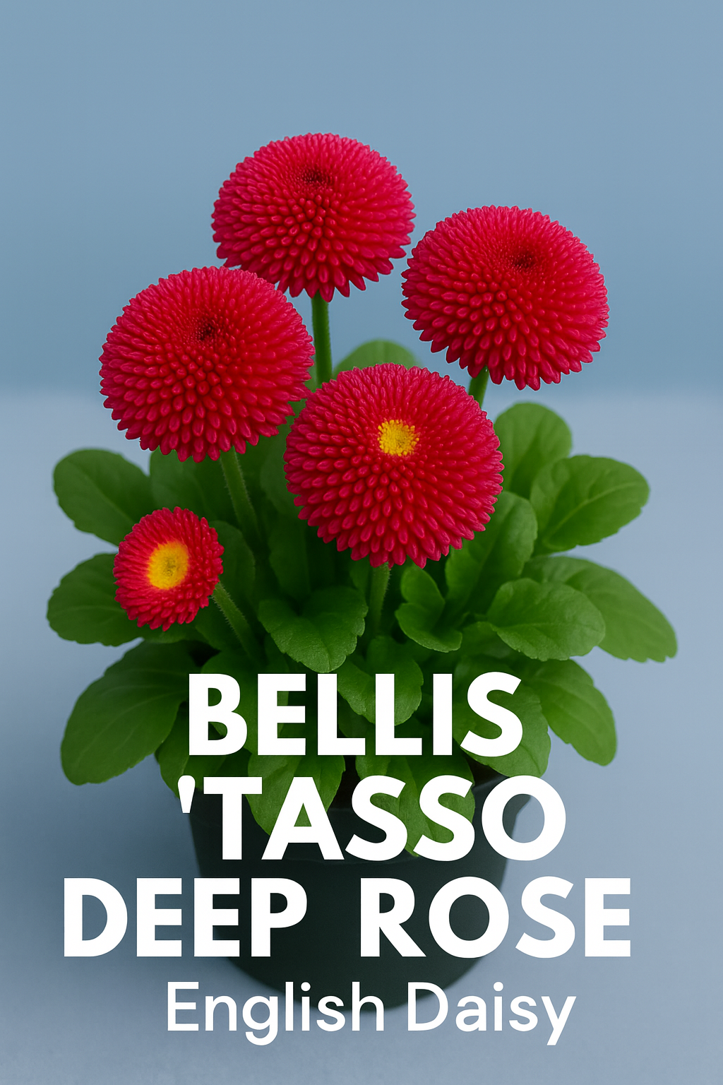 Bellis Tasso Deep Rose English Daisy with rich rose-pink double blooms in a compact pot, ideal for spring gardens, borders, and containers