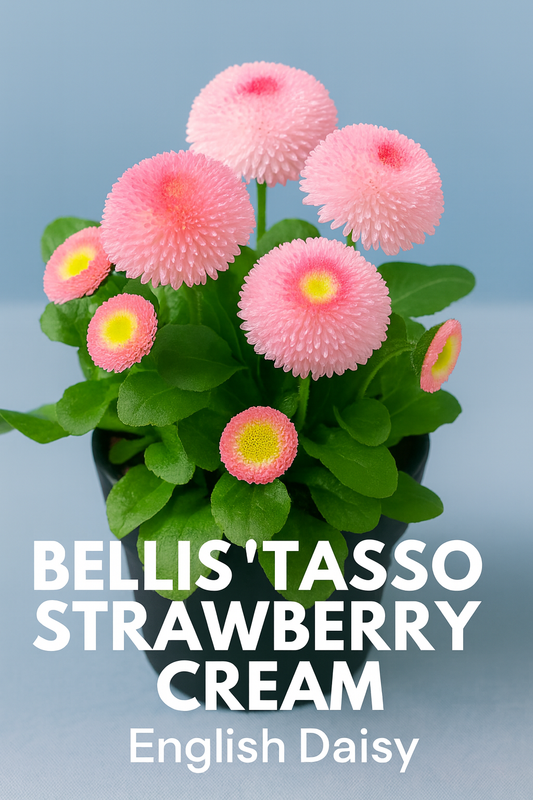 Bellis Tasso Strawberry Cream English Daisy in bloom, showcasing soft pink double flowers with cream centers in a compact pot, perfect for cottage gardens and spring borders