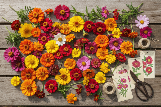 Zinnia marigold and cosmos cut flowers with seed packets arranged on a rustic garden table