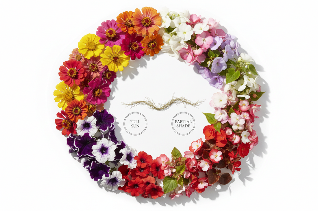 Colorful annual flower seeds for full sun shade and containers arranged as a flat lay