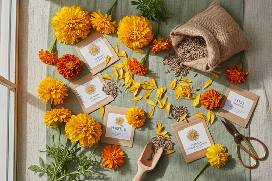  Bulk African marigold seeds and blooms — Taishan, Marvel II, and Coco varieties for commercial growers