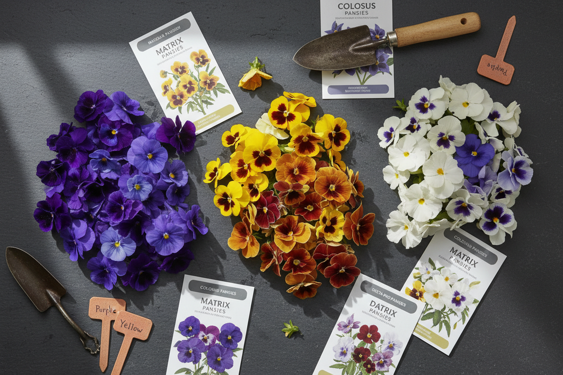 Multiple commercial pansy varieties in full bloom arranged by color with seed packets on a dark slate surface