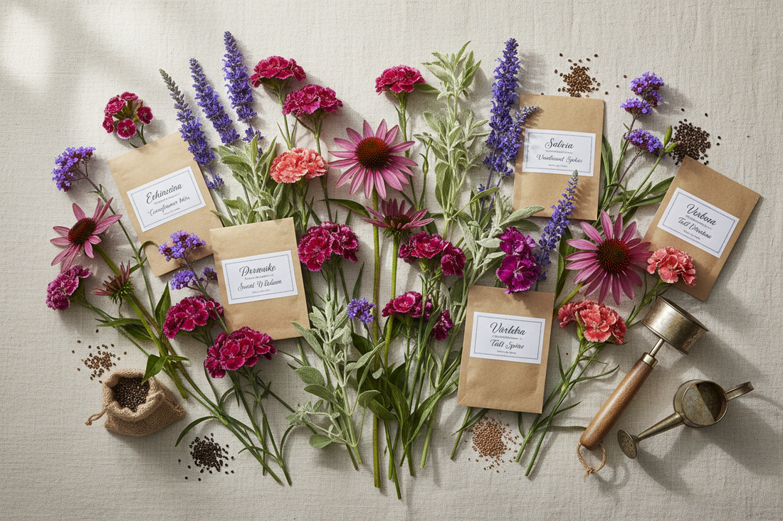 Echinacea, Salvia, Russian Sage, Dianthus and Verbena perennial flowers in full bloom for bulk seed growing guide