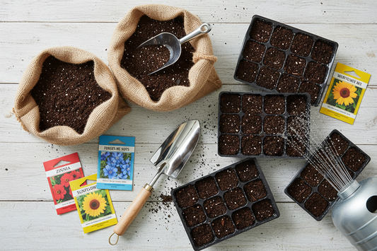 Seed starting mix trays seed packets and trowel on a wooden surface showing the best soil supplies for starting flower seeds indoors