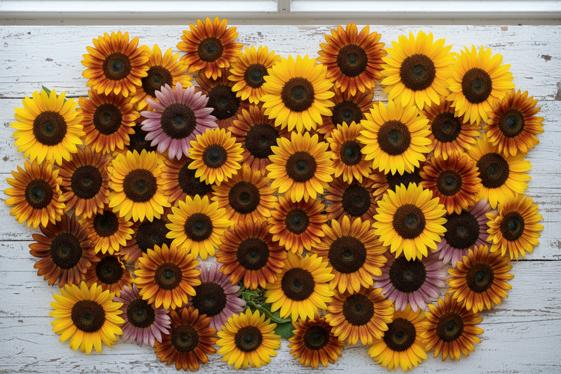 mixed cut sunflower varieties for cut flower production including yellow orange bicolor and dark sunflowers