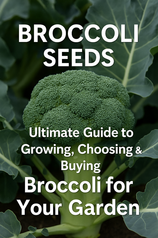 Fresh garden broccoli with title overlay for an ultimate broccoli seed growing and buying guide