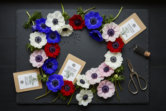 Harmony Double and Gemstone Windflower anemone cut flowers in jewel tones of blue, scarlet, white, and pink arranged on a dark slate surface