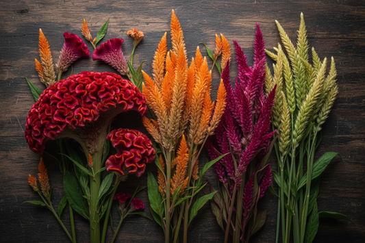 Three types of celosia flowers — plume crested cockscomb and wheat spike — in orange red green and gold