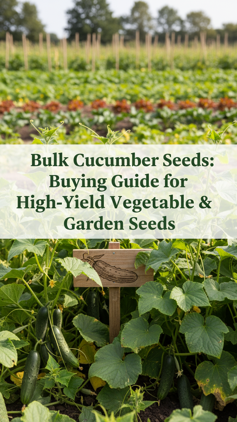 Bulk cucumber seeds displayed with fresh cucumbers from a high-yield garden harvest