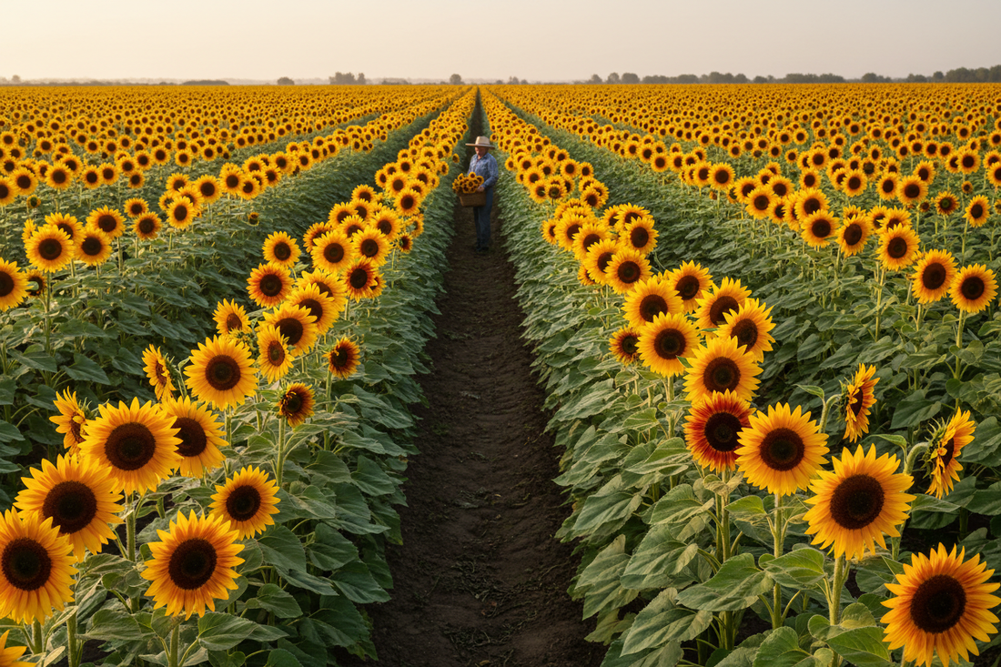 Rows of bulk cut flower sunflowers in orange, gold, and red blooming in a commercial farm field at sunrise