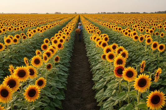 Rows of bulk cut flower sunflowers in orange, gold, and red blooming in a commercial farm field at sunrise