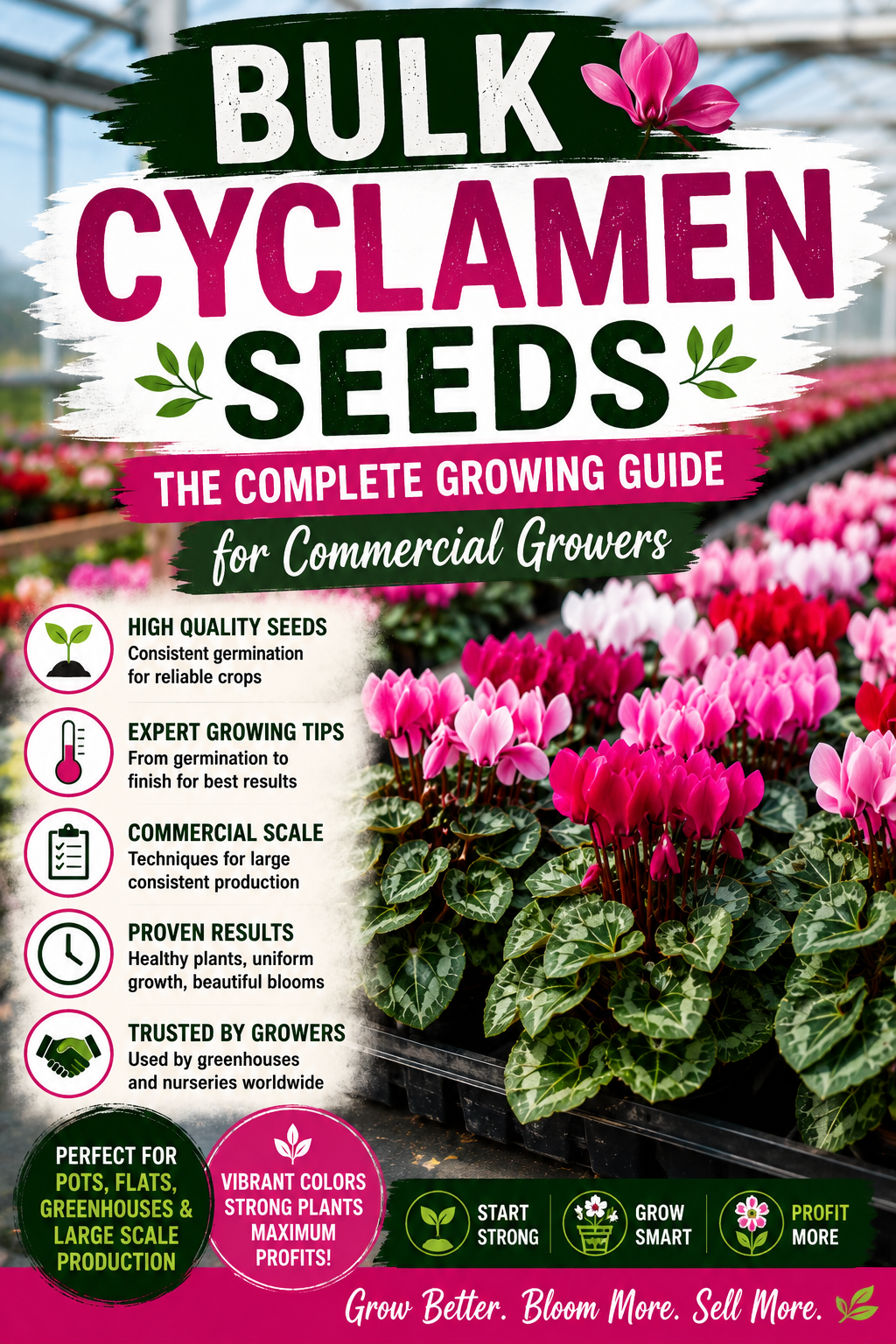 Colorful cyclamen flowers growing in greenhouse trays for commercial production from bulk cyclamen seeds.