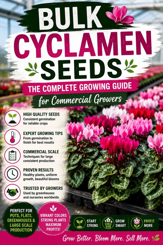 Colorful cyclamen flowers growing in greenhouse trays for commercial production from bulk cyclamen seeds.