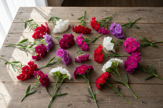 Bulk dianthus cut flower stems in pink red white and purple on a farm table