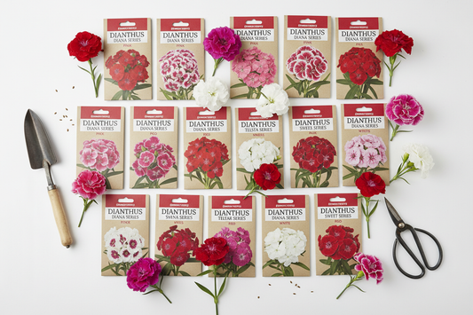Bulk dianthus seed packets with annual and perennial variety blooms for commercial landscapers 
