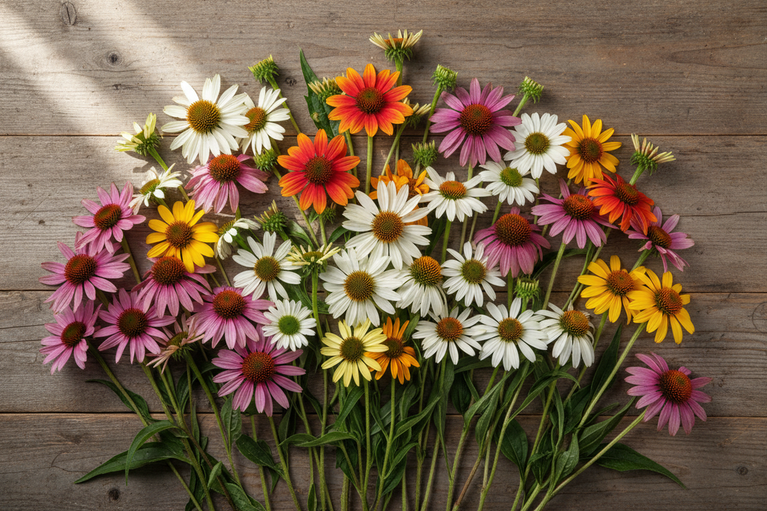 Bulk echinacea coneflower varieties including purple, white, orange, and yellow blooms for commercial growers