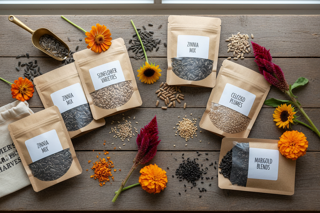 Bulk flower seeds for farmers market growers including zinnias sunflowers celosia and marigolds