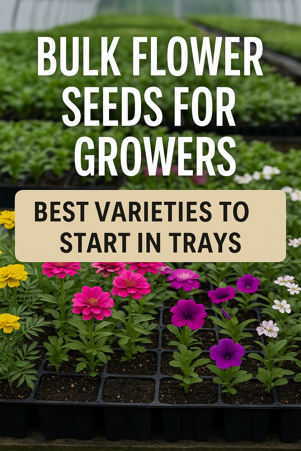 Bulk flower seeds for growers — marigolds, zinnias, petunias, and phlox started in plug trays for professional greenhouse production.