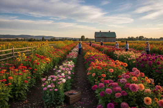 Colorful u-pick flower farm field in full bloom with zinnias, sunflowers, dahlias and lisianthus rows