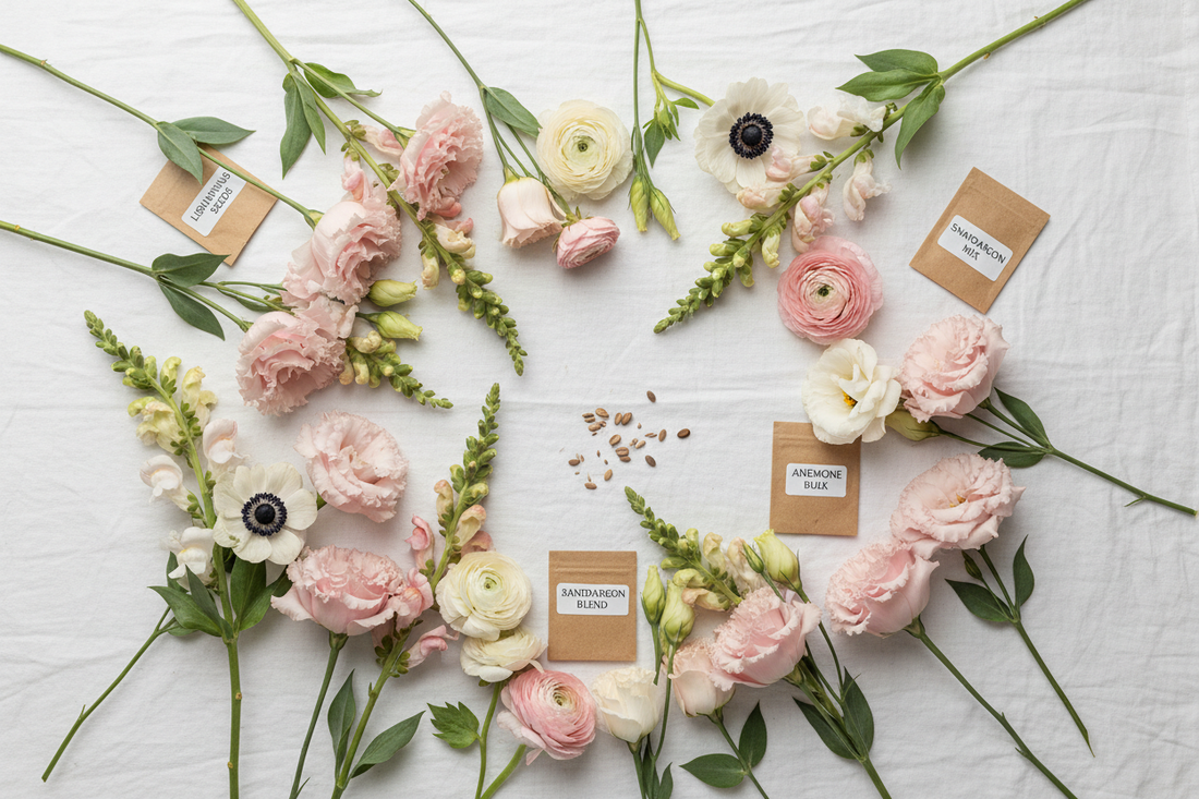 Bulk flower seeds for wedding florists including lisianthus ranunculus snapdragons and anemones in white and blush